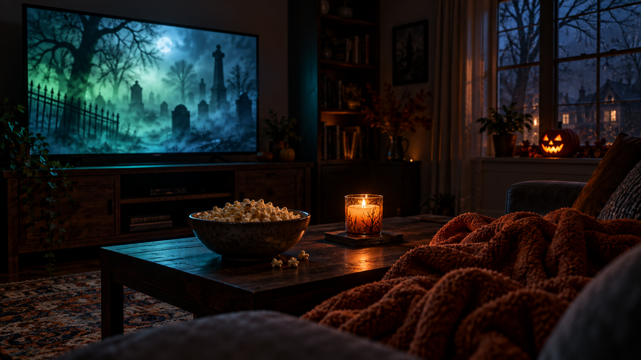 Dark living room lit by a TV showing a blurred foggy horror scene, with a bowl of popcorn and a flickering candle on the table