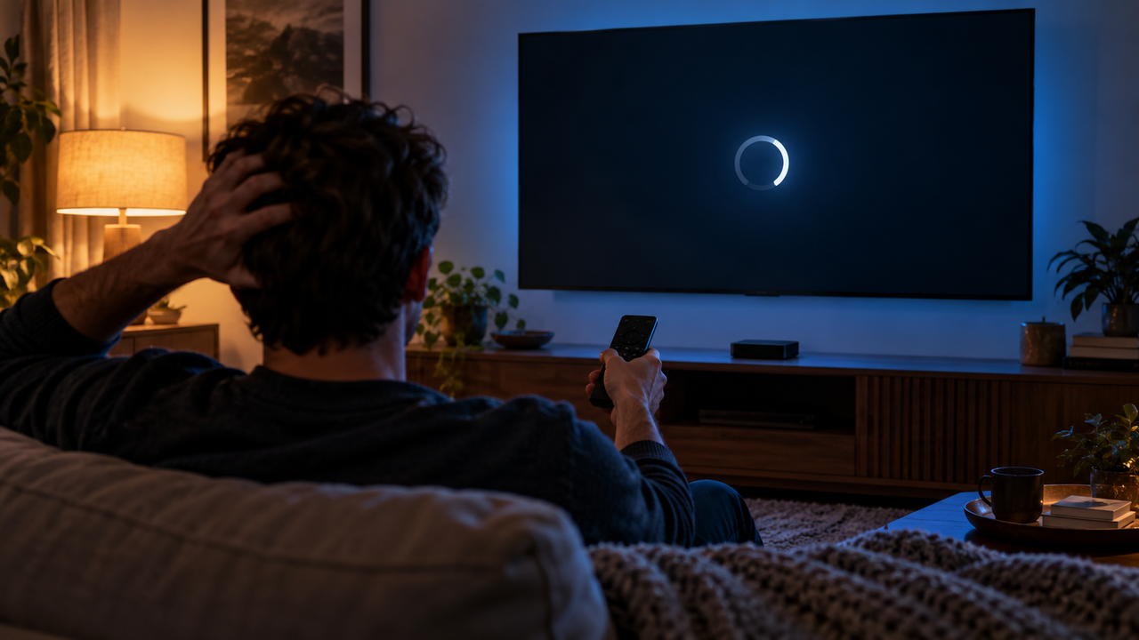 Frustrated viewer on a sofa at night holding a remote toward a TV showing a blurred loading spinner on a dark screen