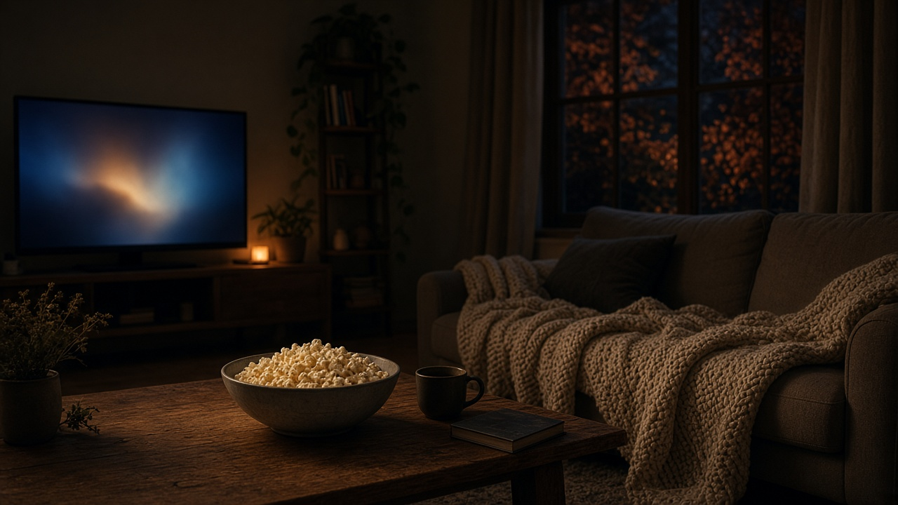 Cozy living room at night with a glowing TV, a blanket on the couch and a bowl of popcorn on the coffee table