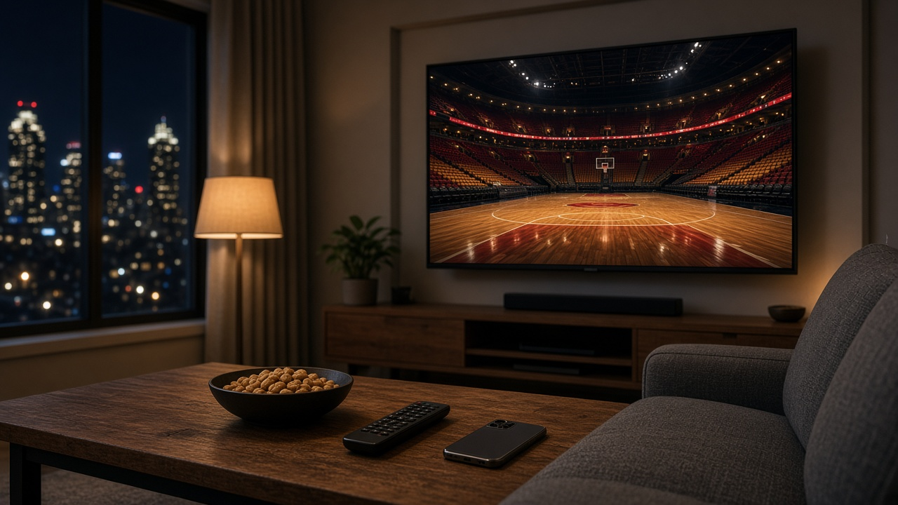 Cozy living room at night with a wall-mounted TV showing an empty basketball arena with glossy hardwood under red and gold lights, a remote, phone and bowl of peanuts on a wooden coffee table and city lights through the window, no people