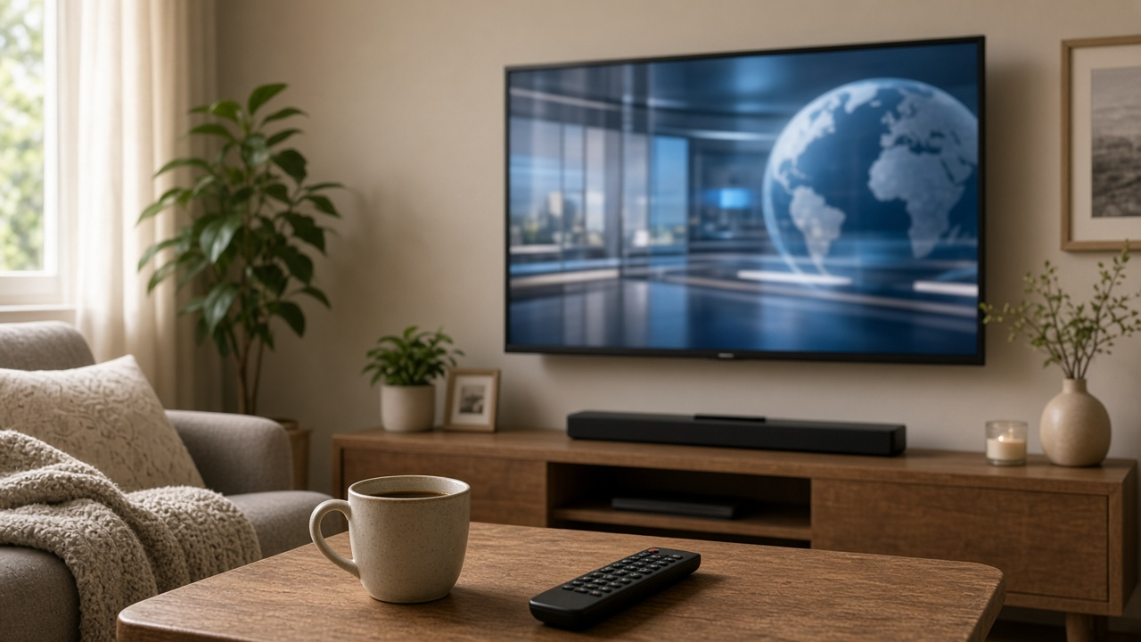 Calm living room in early morning light with a wall-mounted TV showing Earth from space at dawn, a wooden media console, a coffee mug and a TV remote on a coffee table