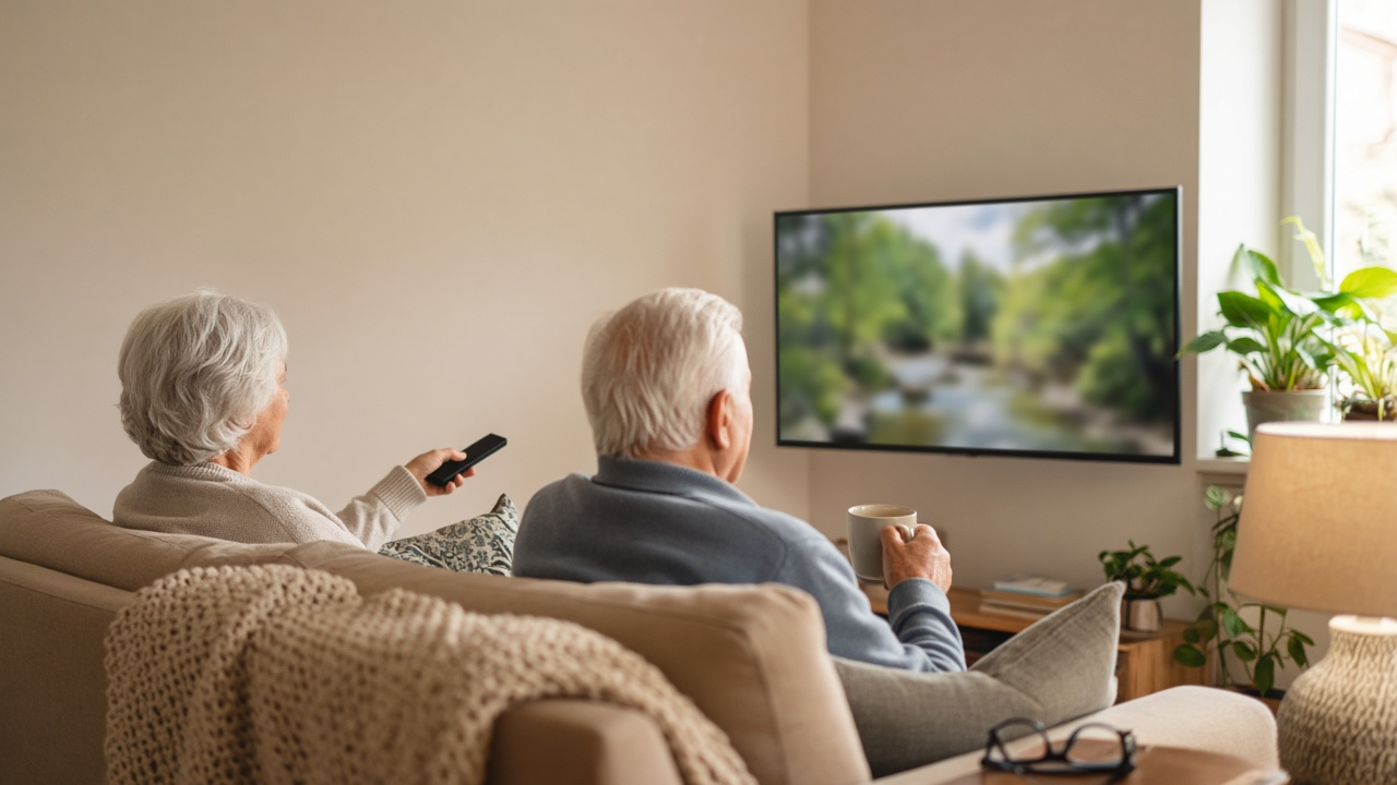 Older couple relaxing on a sofa in a bright living room, watching a large TV with a remote control in hand