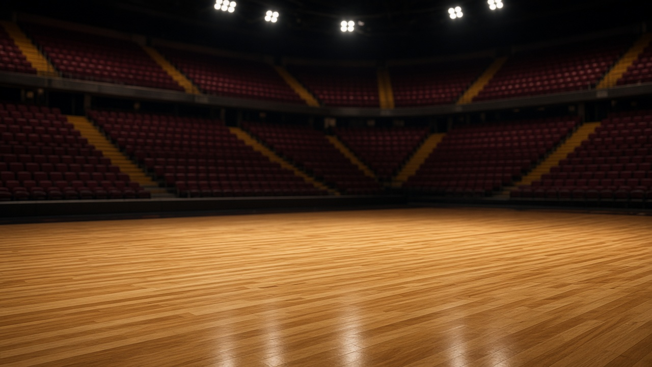 Empty basketball arena at night with a polished hardwood court under bright lights and wine-red seats