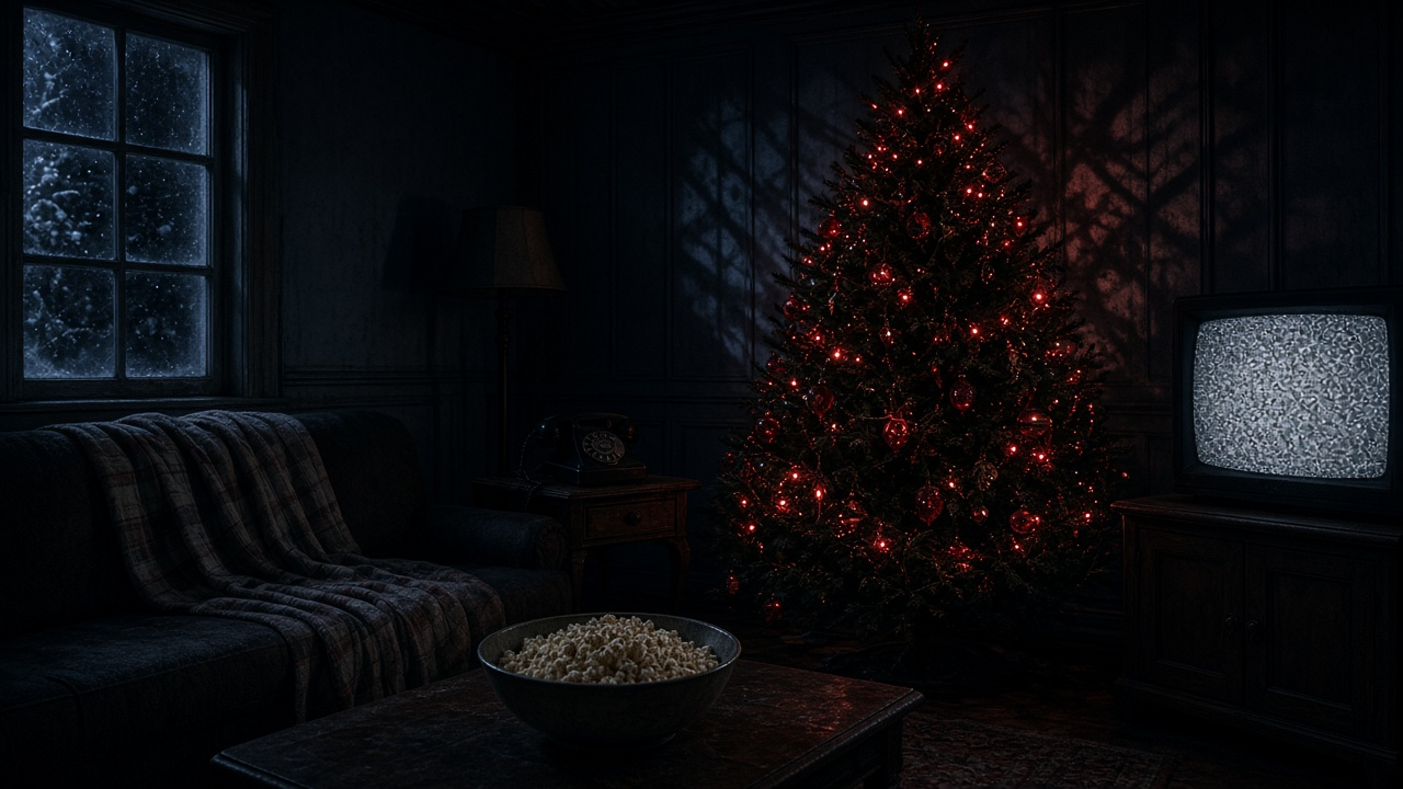 Dark living room on Christmas night with a red-lit tree, a static-filled television and a bowl of popcorn