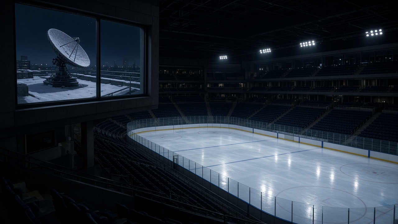 Empty hockey arena with fresh ice under bright lights and rows of empty seats, no people