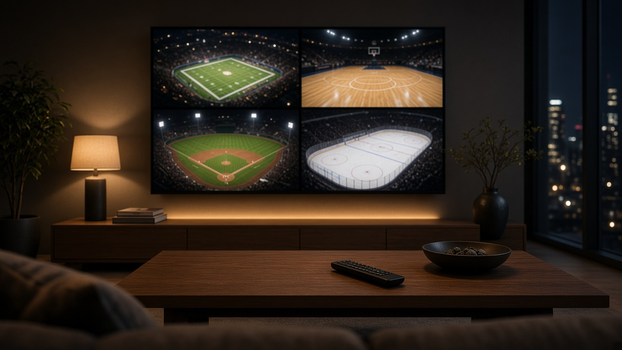Modern living room at night with a large wall-mounted TV split into four glowing green sports-field panels, a remote control resting on a coffee table