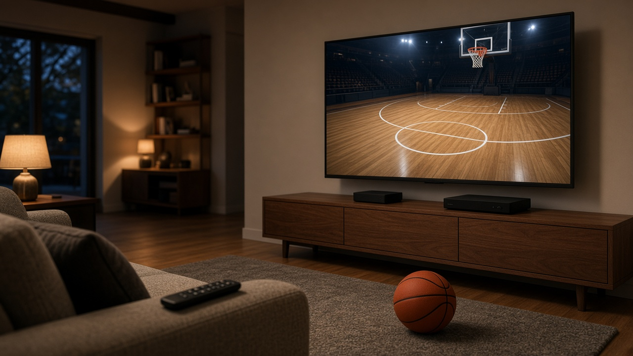 Living room at night with a wall-mounted TV showing an empty lit basketball court, a media console, a basketball on the rug and a remote on the sofa