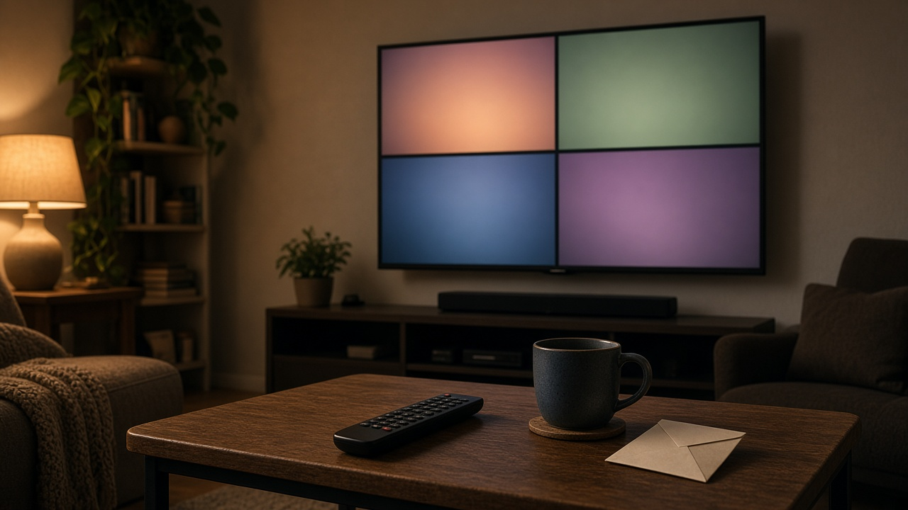 A cozy living room at night with a wall TV showing four soft colored panels, a remote, a mug and an envelope on the coffee table