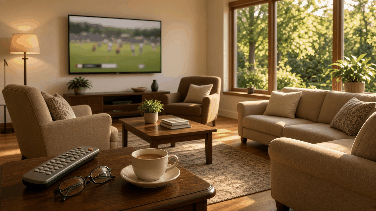 Comfortable senior-living lounge with a television and remote, with no people, text or logos