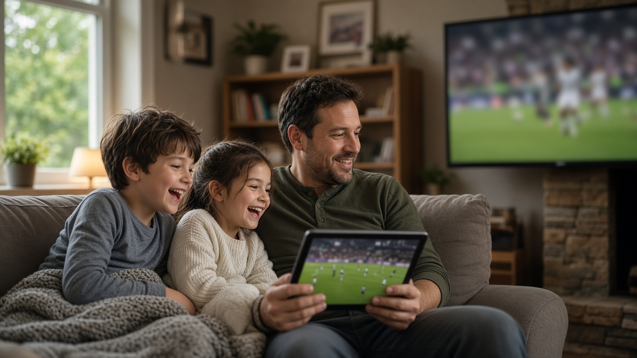 Smiling father and two young children on a couch watching a soccer match on a tablet, with the same game on the TV behind them