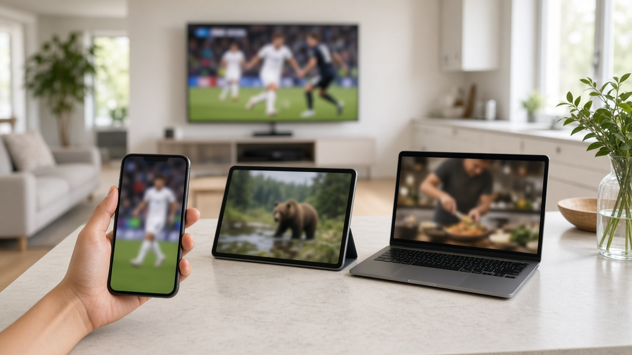 Hand holding a smartphone streaming soccer next to a tablet showing a wildlife scene and a laptop showing a cooking show on a kitchen counter