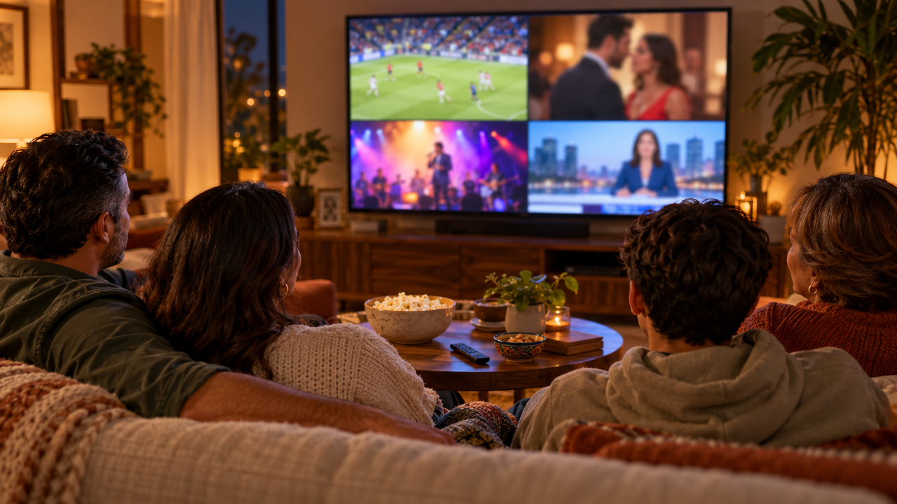 Family gathered in a warm living room watching a four-screen mix of soccer, drama, music and news on TV