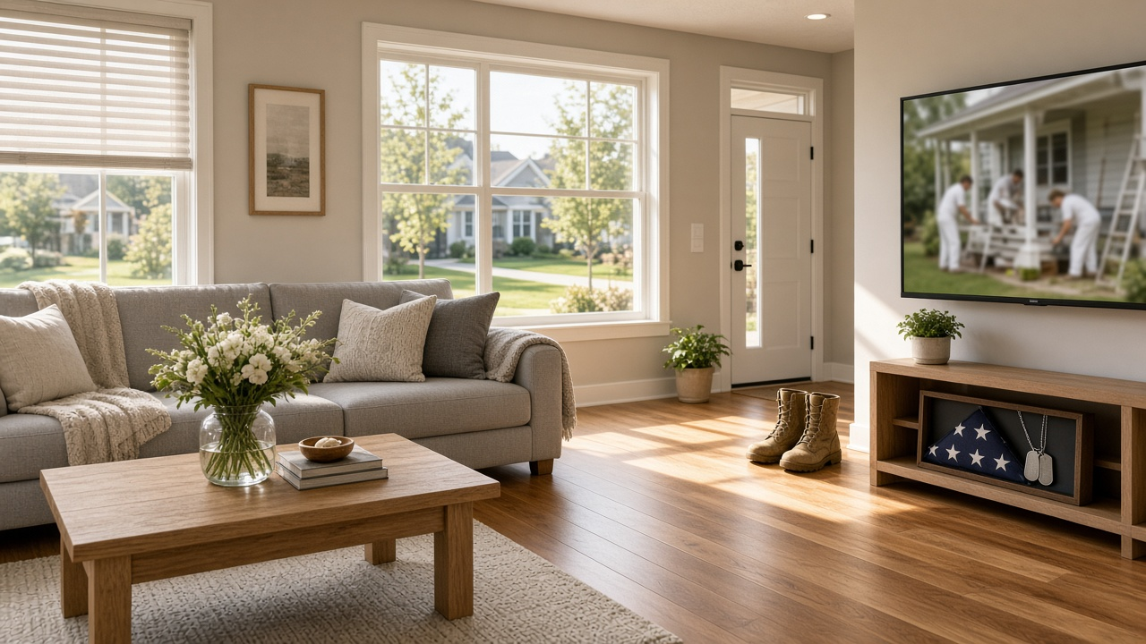 Bright, newly renovated family living room with a pair of military boots by the door and a TV on the wall