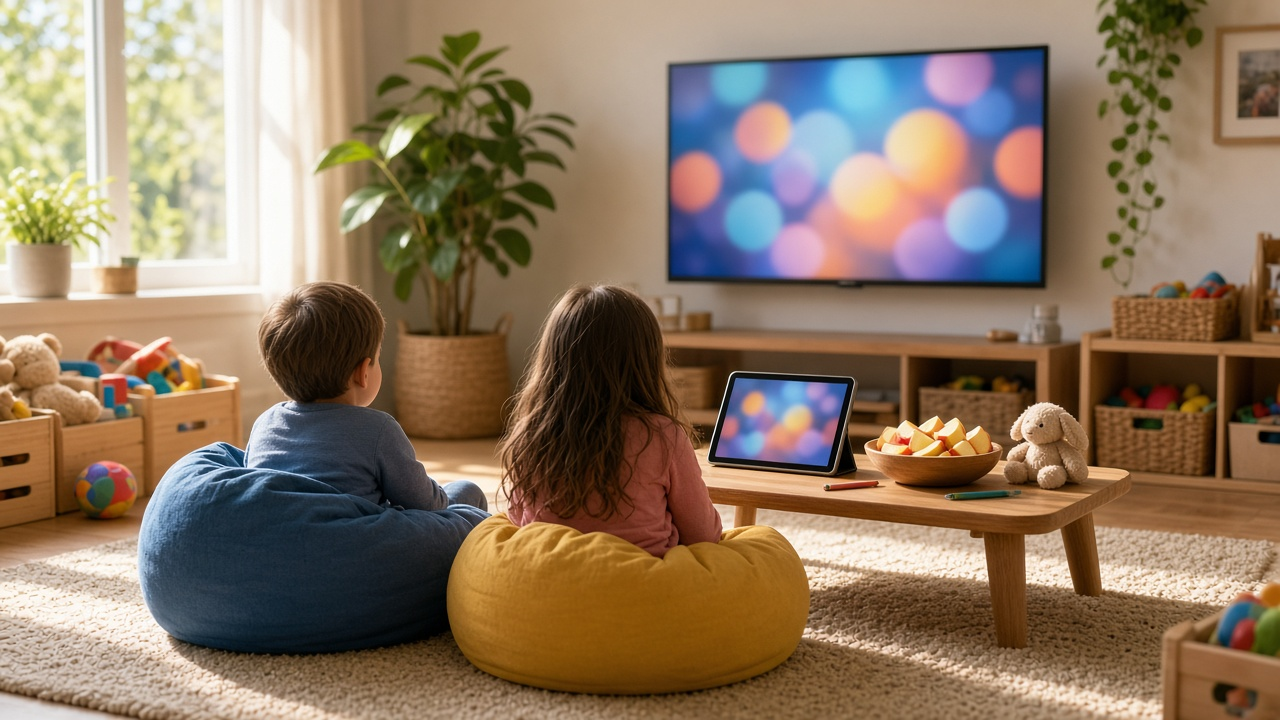 Two children on beanbags watching colorful animation on a living room TV on a sunny afternoon