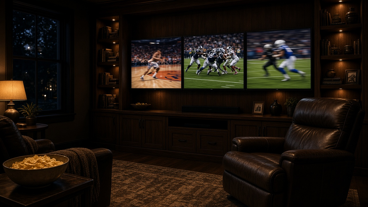 Dark home den with three wall-mounted TVs showing basketball and football, a leather recliner and a bowl of snacks