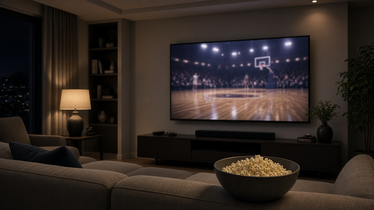 Living room TV showing a softly blurred basketball game, with popcorn on a coffee table