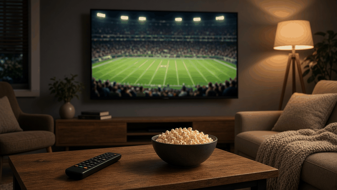 Cozy living room at night with a wall-mounted TV showing a football stadium under lights, a remote and a bowl of popcorn on the coffee table