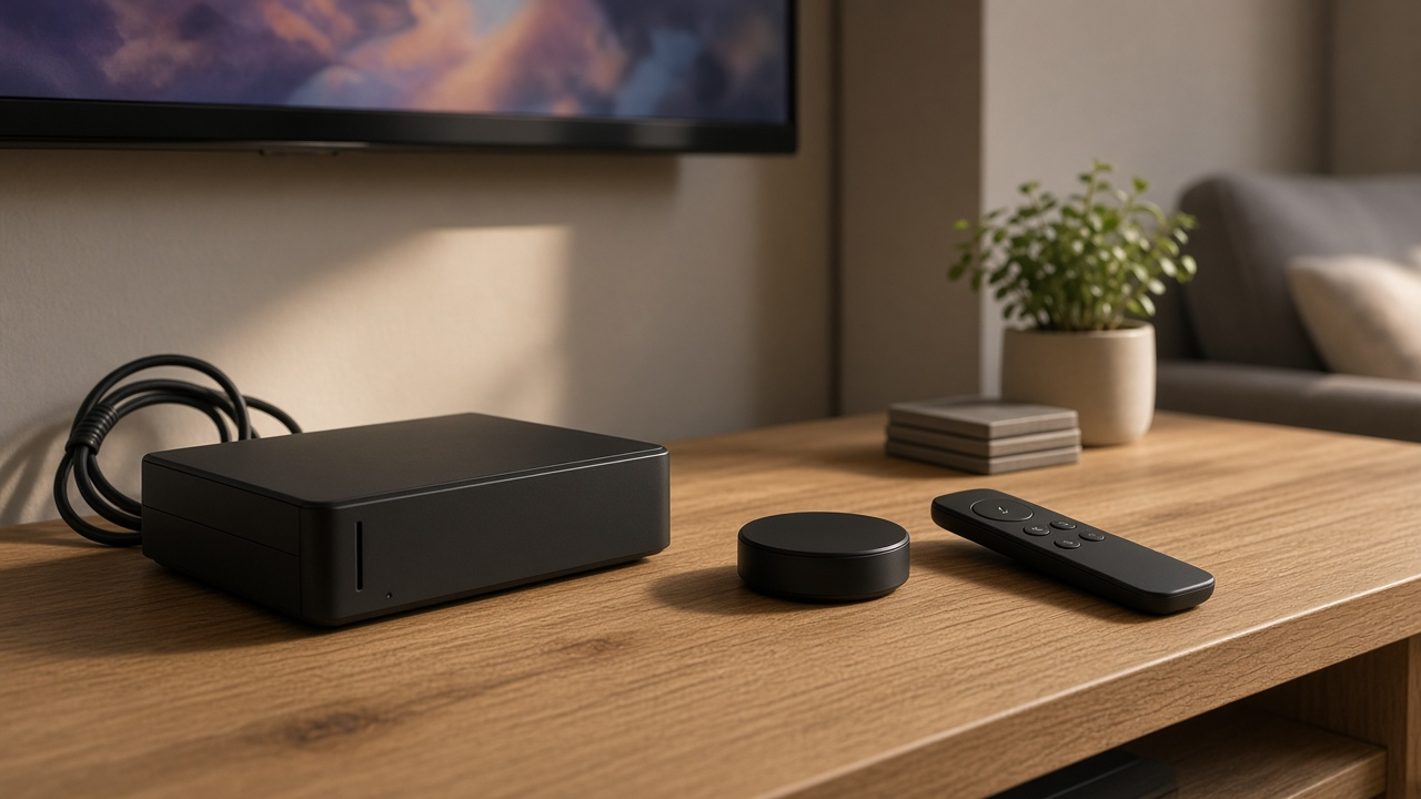 Living room TV console with an older boxy set-top receiver beside a small modern streaming device and a slim voice remote