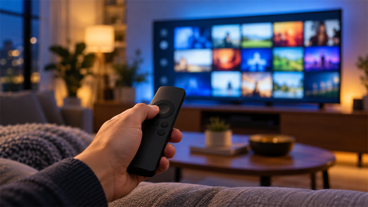 Hand holding a plain streaming remote in front of a TV showing a blurred grid-style channel guide