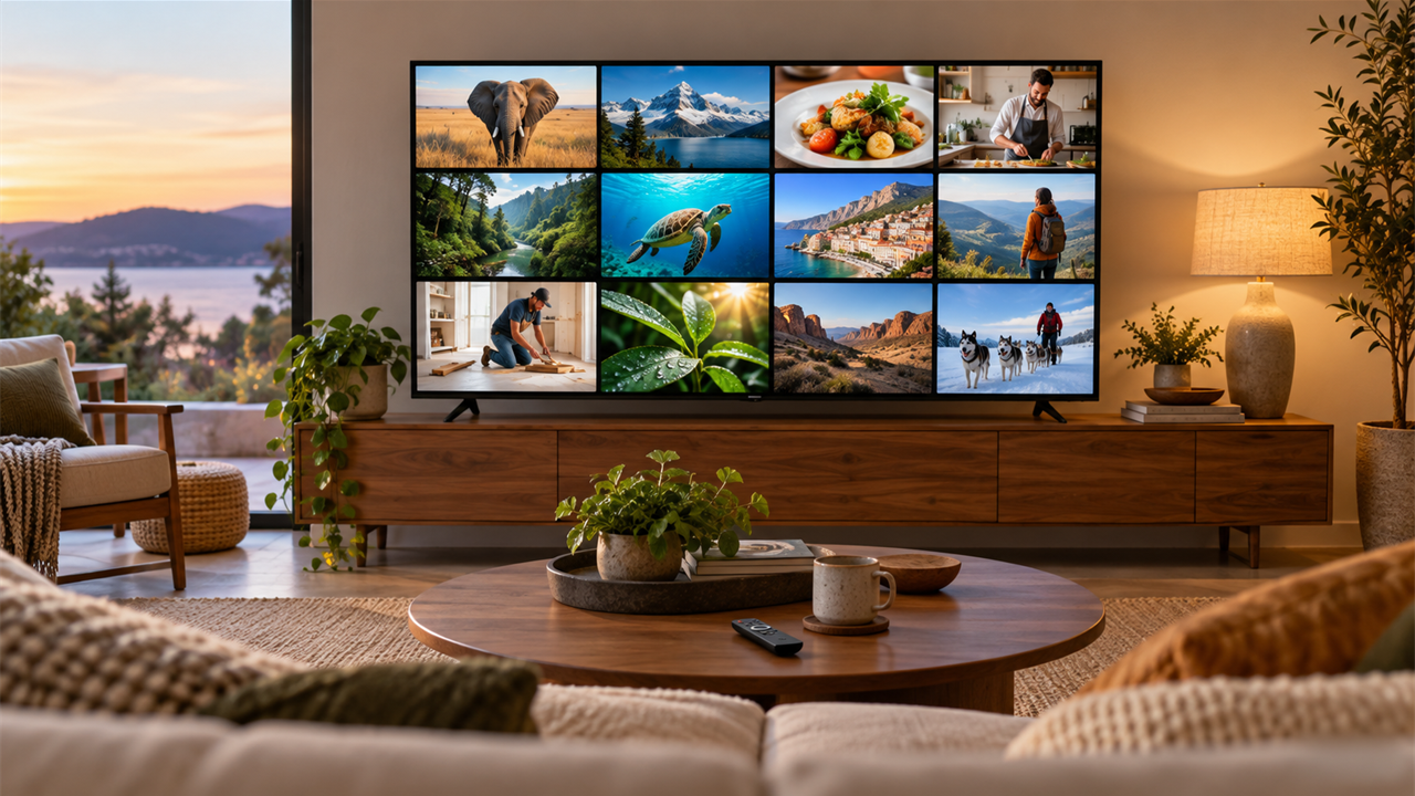 A tablet showing an unbranded grid of nature, food, travel and home shows in a warm living room