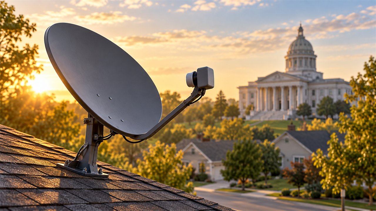 Home satellite dish on a suburban roof under a clear morning sky, with a courthouse-style building softly blurred in the distance