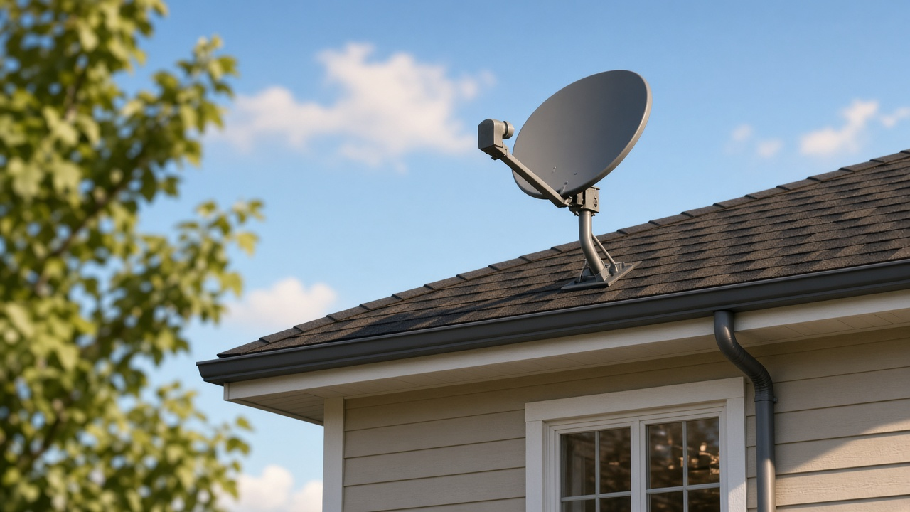 Gray satellite TV dish mounted on the roof of a suburban home in warm afternoon sunlight with a clear blue sky