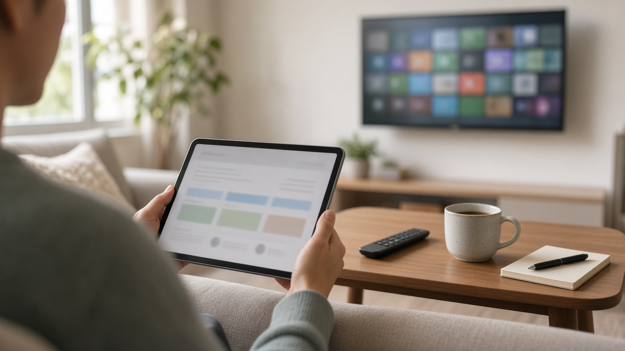 Person on a couch reviewing a monthly bill on a tablet with a TV remote and a mug on the coffee table
