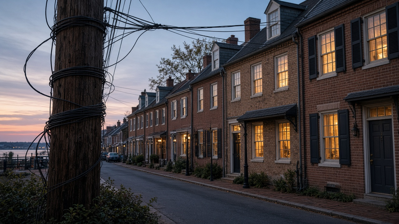 Historic brick row houses on a Delaware street at dusk with utility lines on a wooden pole