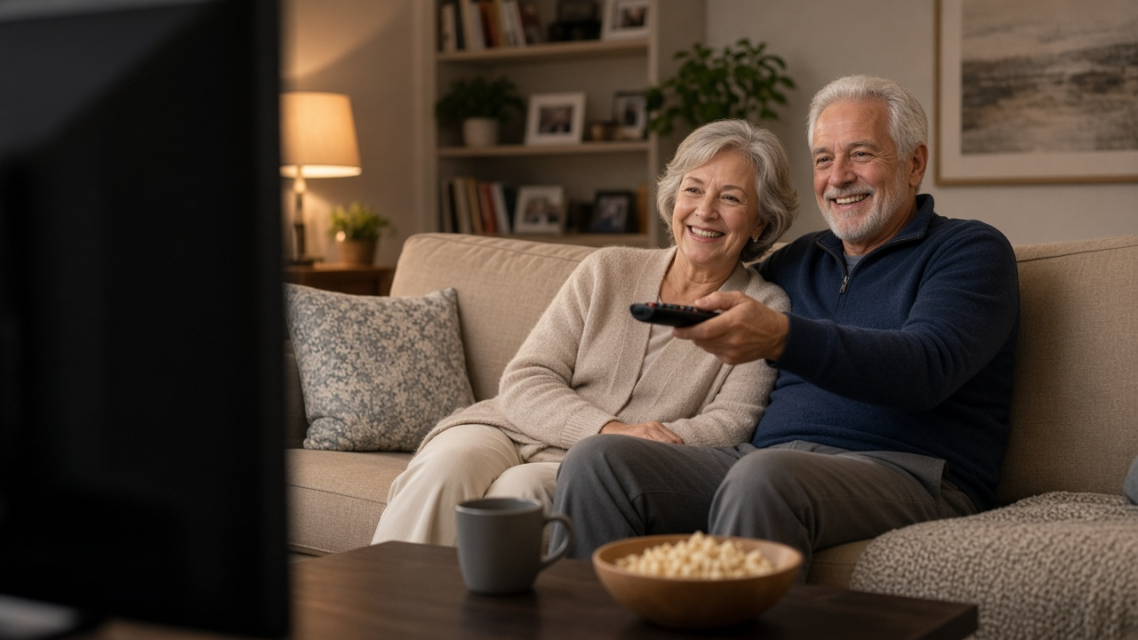 Smiling older couple on a sofa holding a TV remote with popcorn on the coffee table