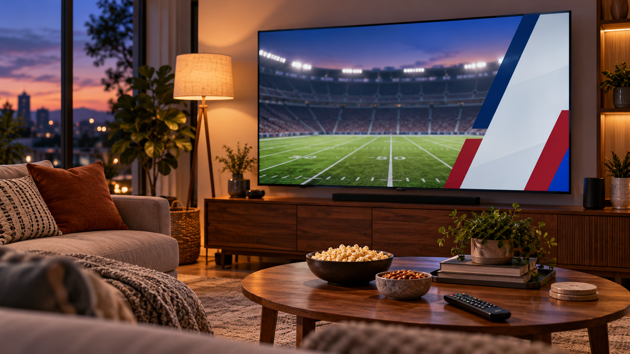 Illustration of a television showing a generic football broadcast transition in a living room