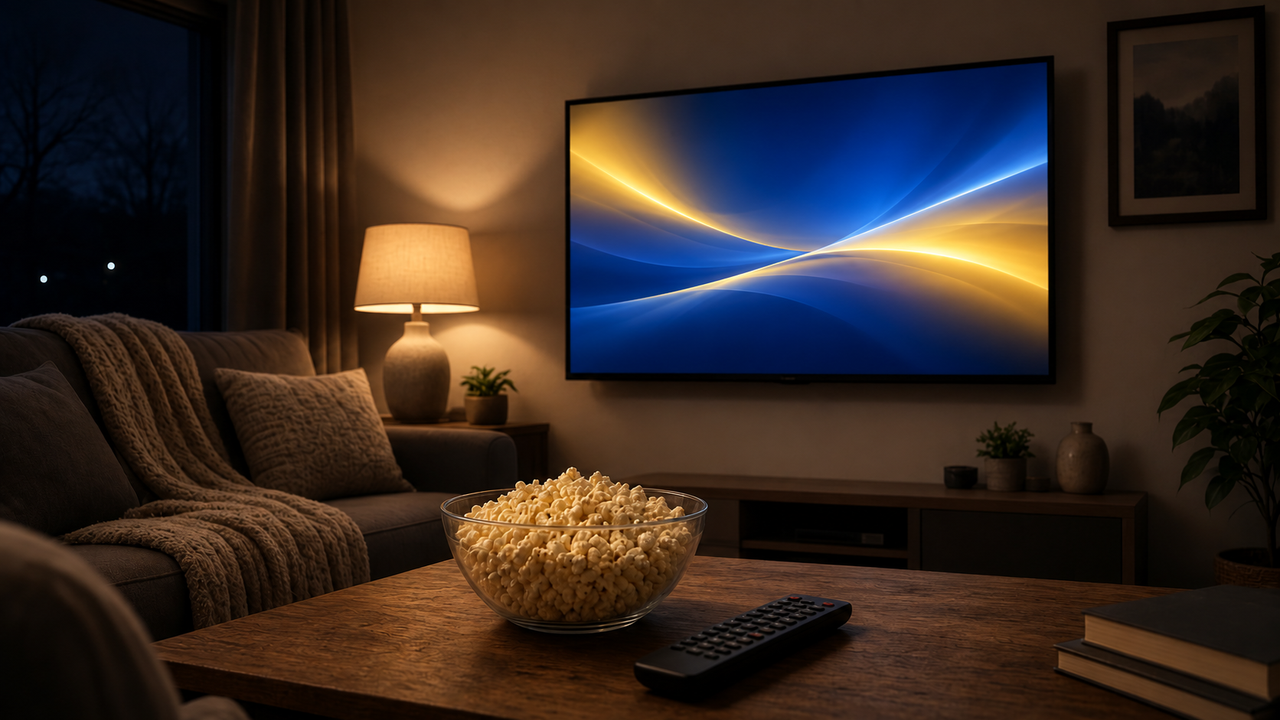 An empty living room with an abstract blue and gold broadcast intermission on the television, popcorn and a remote