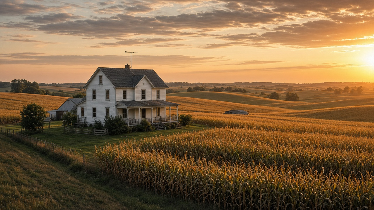 Iowa farmhouse beside cornfields at sunset