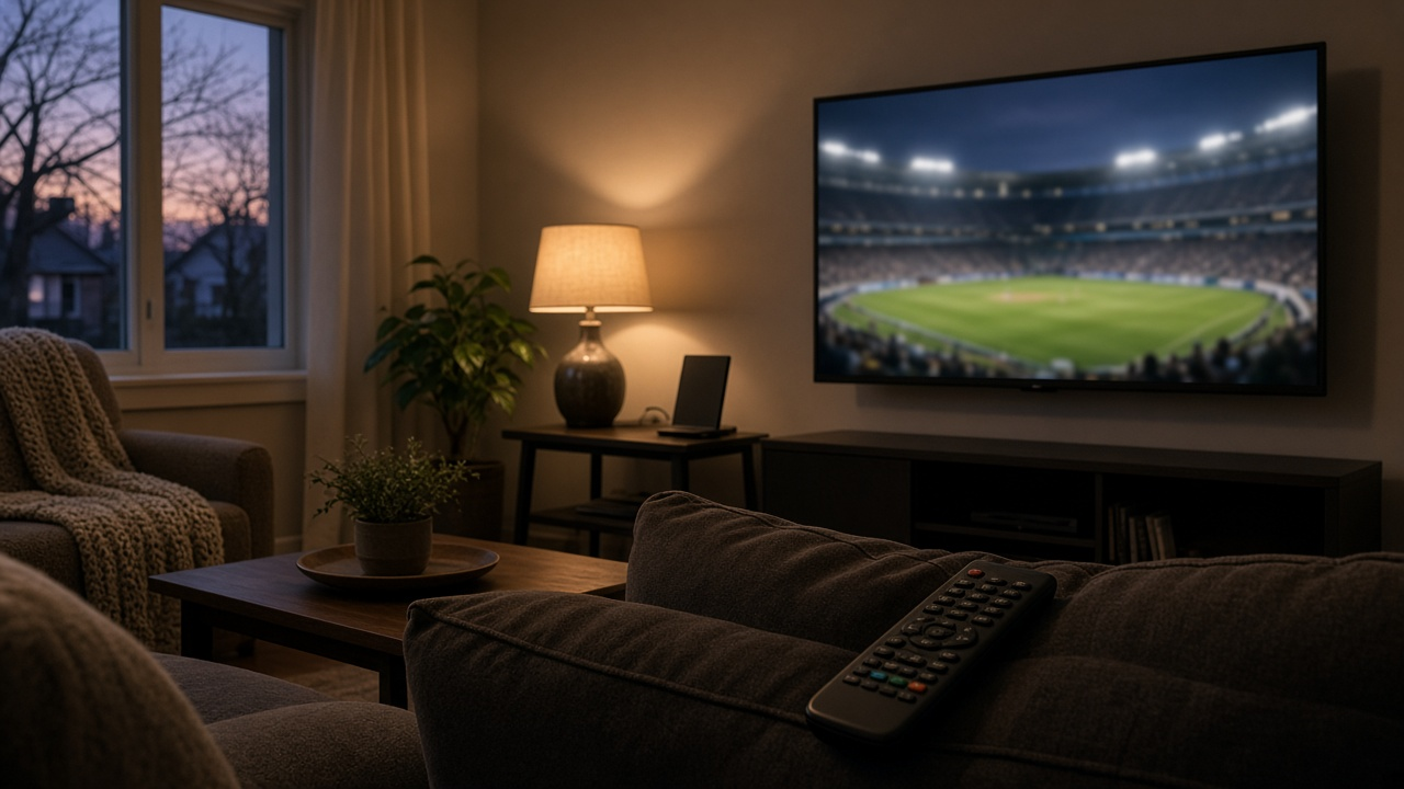 Living room with a TV showing a softly blurred stadium broadcast and a TV antenna on a side table