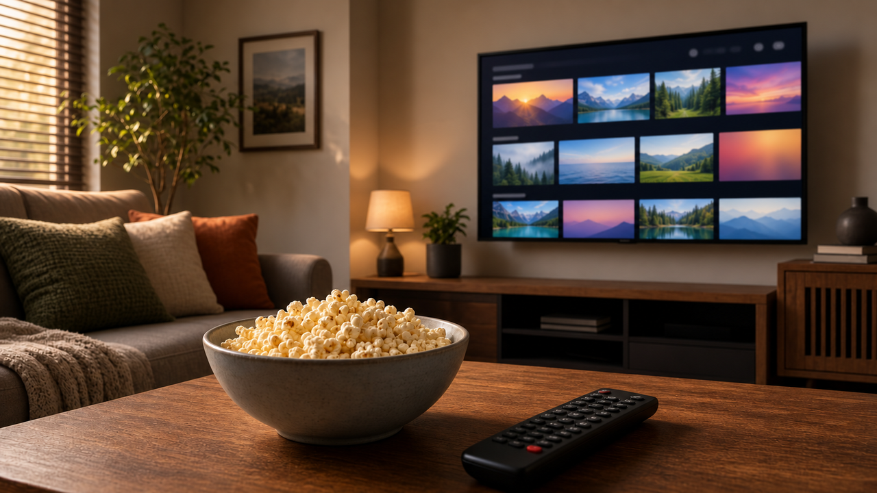 A cozy living room with a large TV showing a softly blurred streaming menu, a bowl of popcorn and a remote on the coffee table