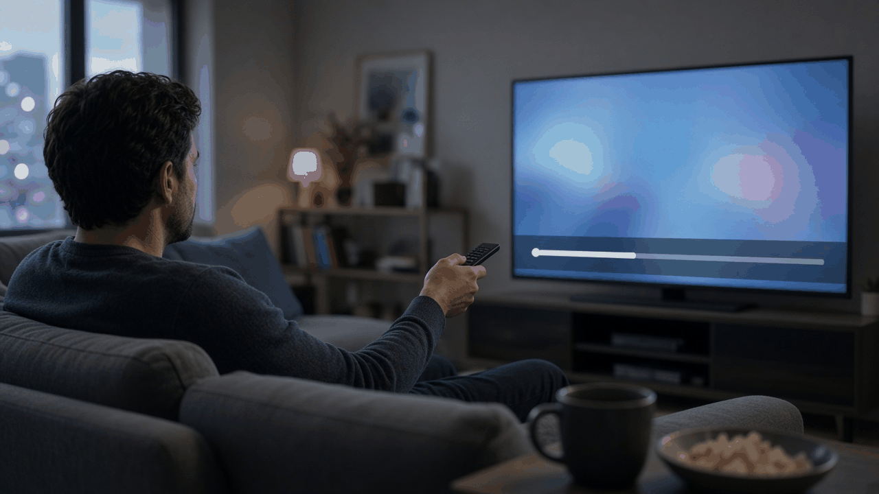 TV remote on a sofa arm with ocean waves on the TV behind it