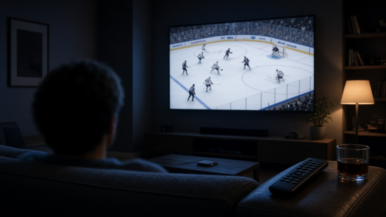 Sports fan on a couch watching a softly blurred hockey broadcast on a large TV in a dim living room, seen from behind