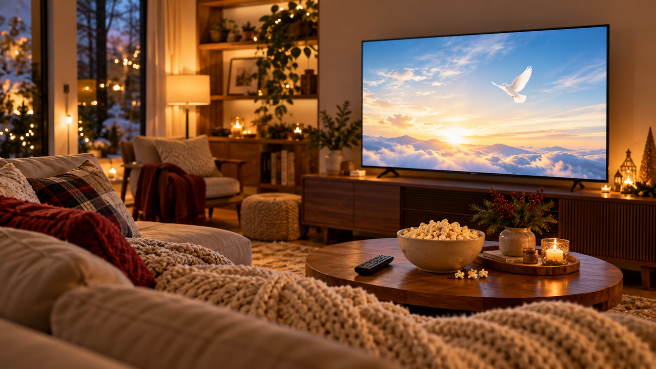 Cozy living room with a television showing a white dove over a peaceful sunrise