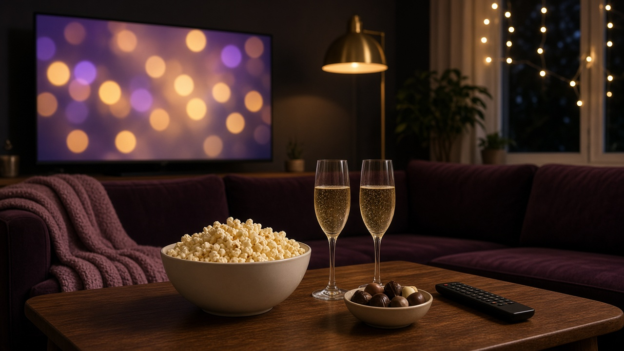 Living room set up for an awards-night watch party, with a TV glowing gold and purple stage light, popcorn and drinks on a coffee table, no logos or text
