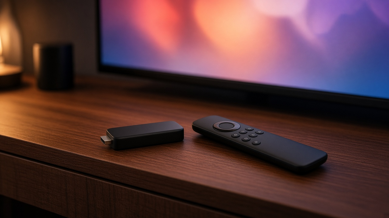 Small black streaming stick and remote resting on a wooden TV console beside a softly lit television