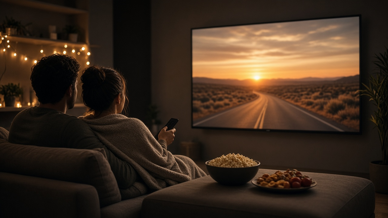 Couple relaxing on a sofa with a remote and snacks while a TV glows with a blurred movie scene in a dim living room