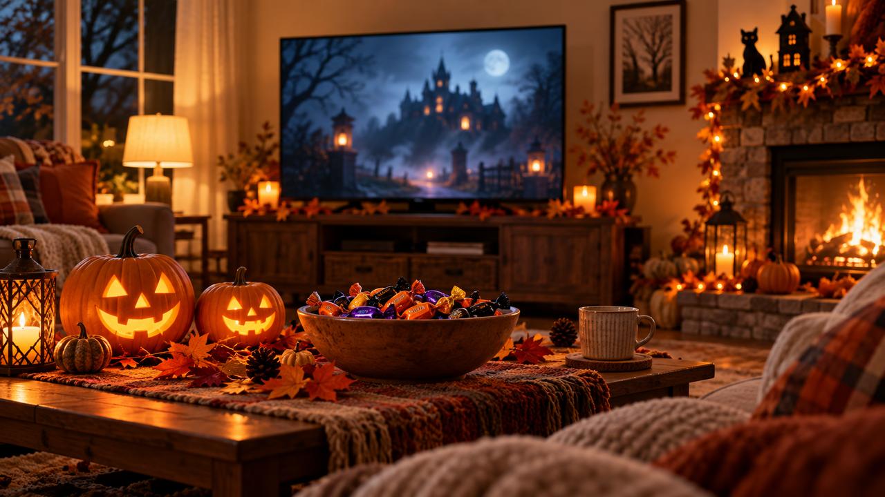 Cozy living room on an October night with carved pumpkins and a bowl of candy in front of a TV showing a blurred spooky movie scene