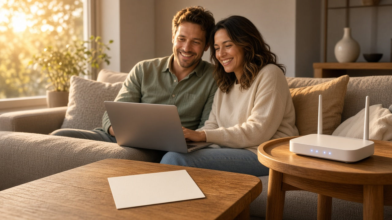 Two adults using a laptop on a sofa, with a router on a side table and a blank card on the coffee table