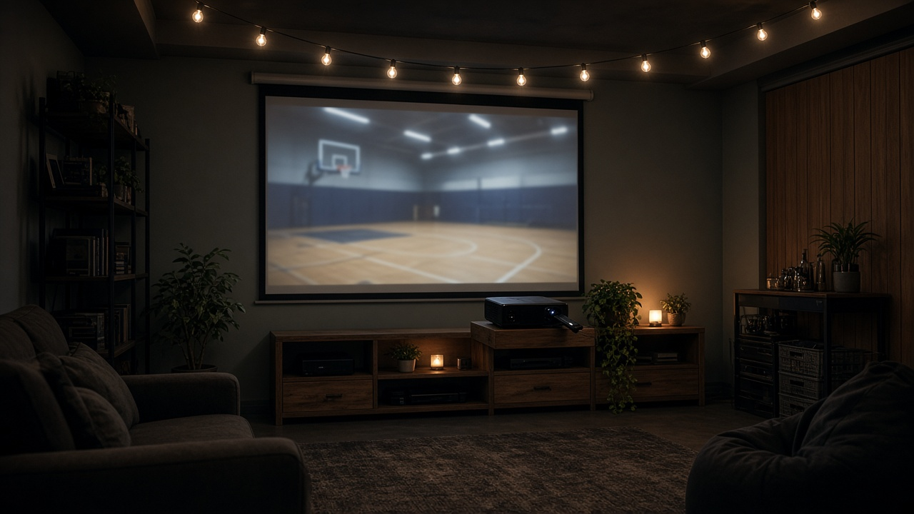 Basement game room with a projector screen showing a basketball court under string lights