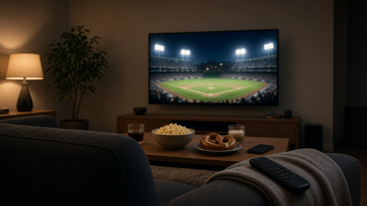 Living room at night with a remote on the sofa arm and a TV showing a blurred ballpark under stadium lights