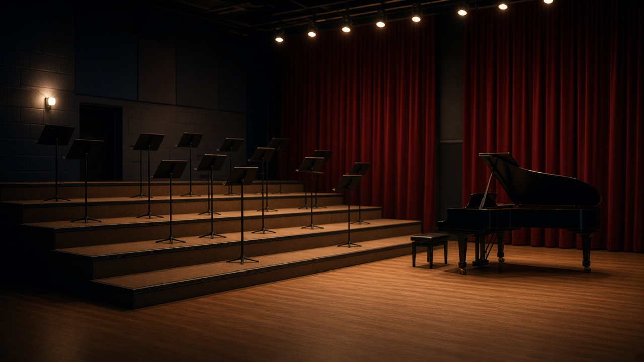 Empty high school choir room with risers, music stands and a grand piano under warm stage lights