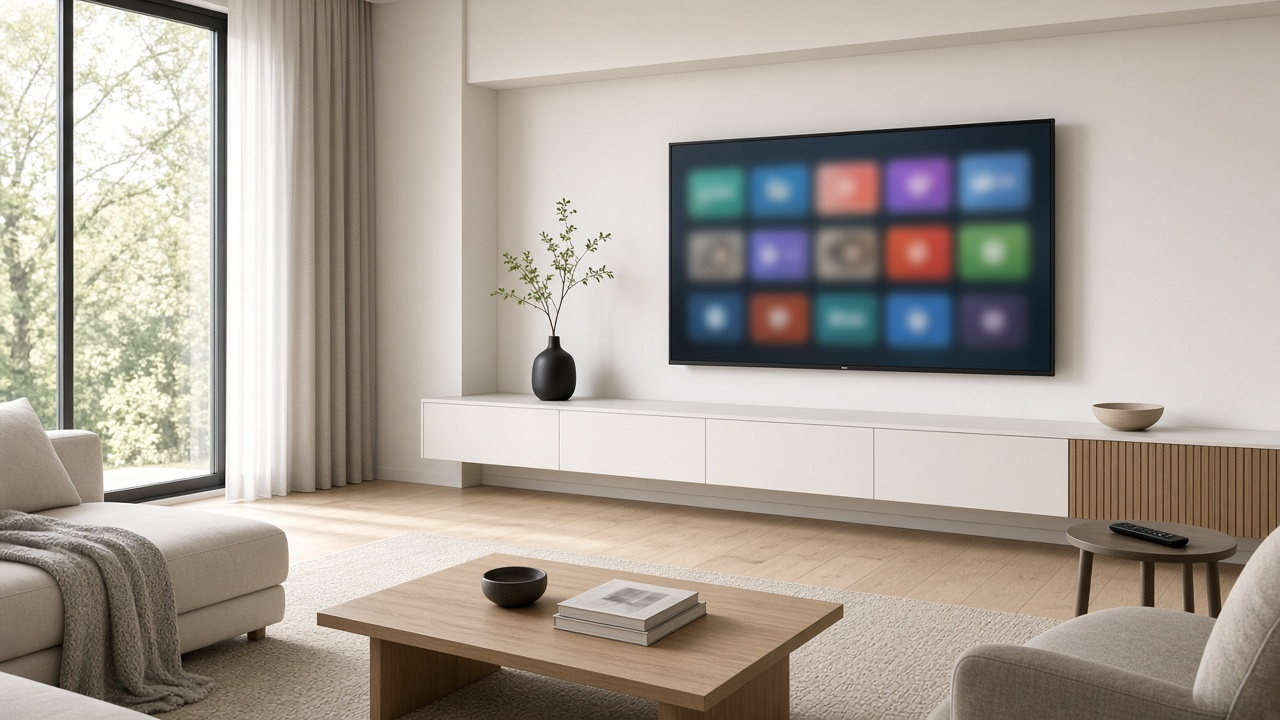Living room TV showing a softly blurred grid of colorful app tiles