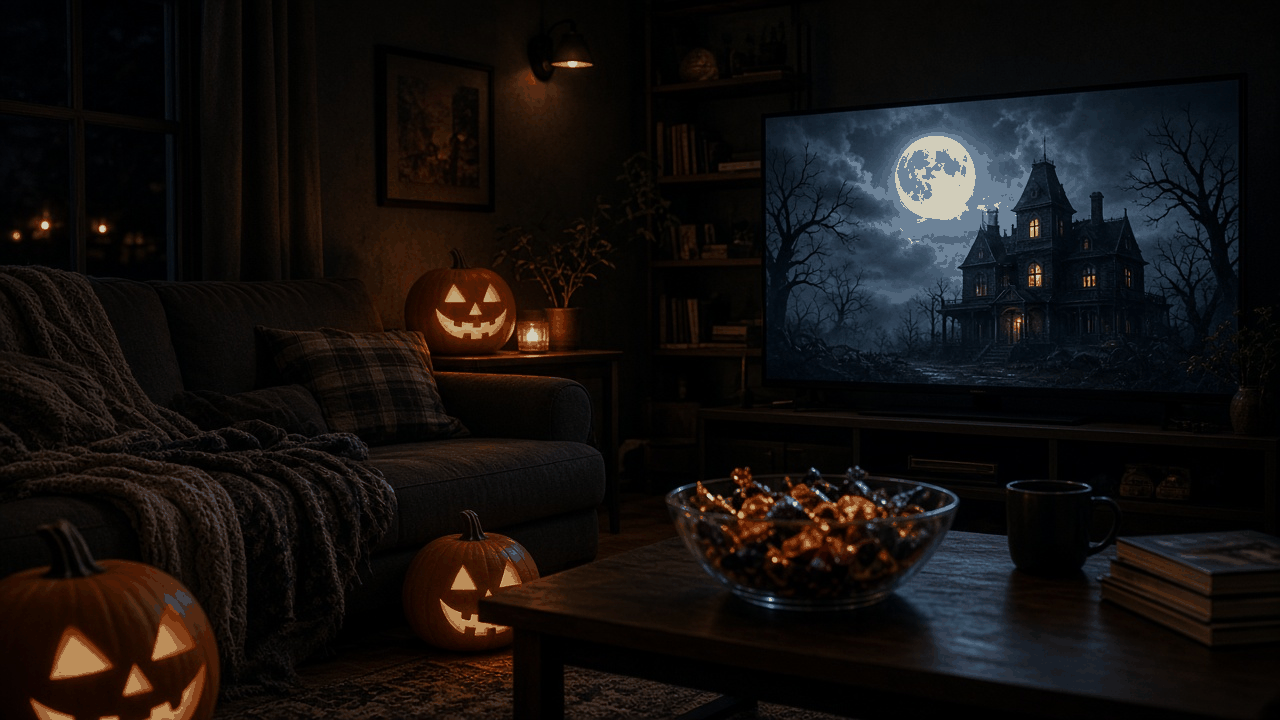 Halloween living room with jack-o-lanterns and candy and a moonlit forest on the TV