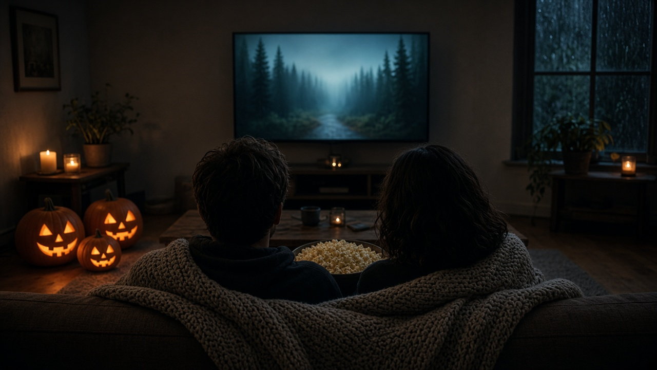 Two people wrapped in a blanket on a sofa watching a scary movie at night, with glowing jack-o-lanterns and a bowl of popcorn in a dim living room
