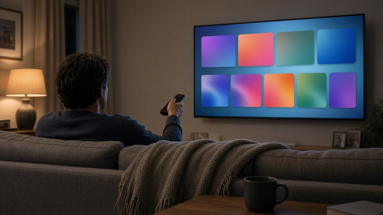 Person on a couch pointing a remote at a TV showing a generic grid of streaming app tiles in a softly lit living room