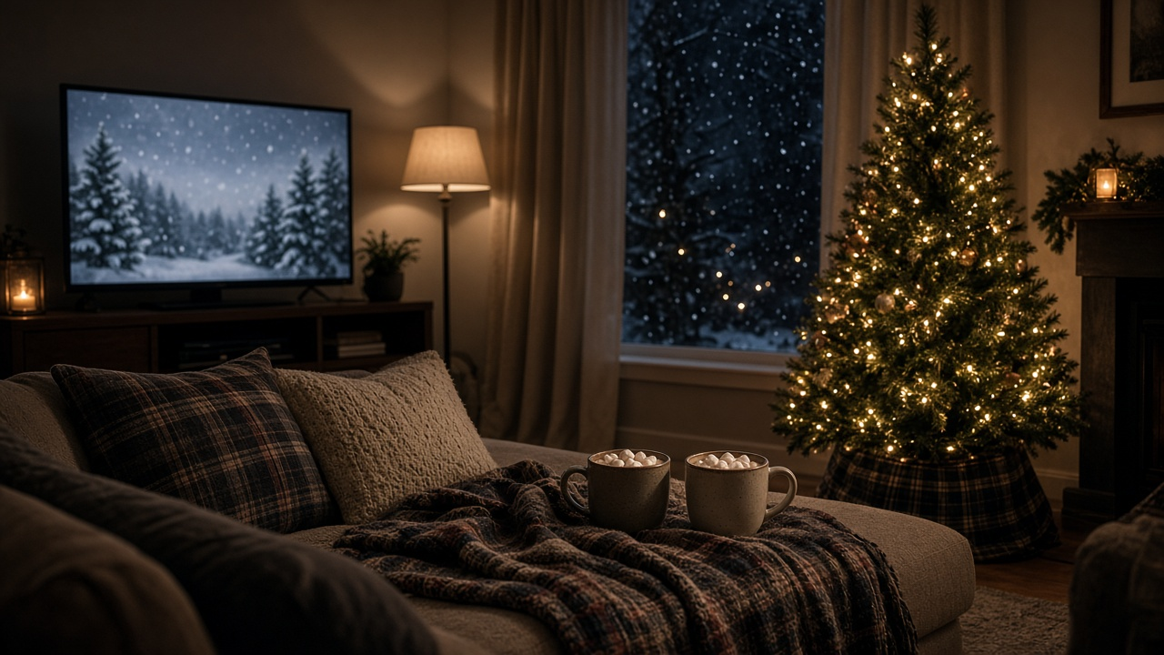 Cozy living room at night with a lit Christmas tree, a fireplace, a plaid blanket on the sofa and a bowl of popcorn in front of a dark TV, no people, no text, no logos
